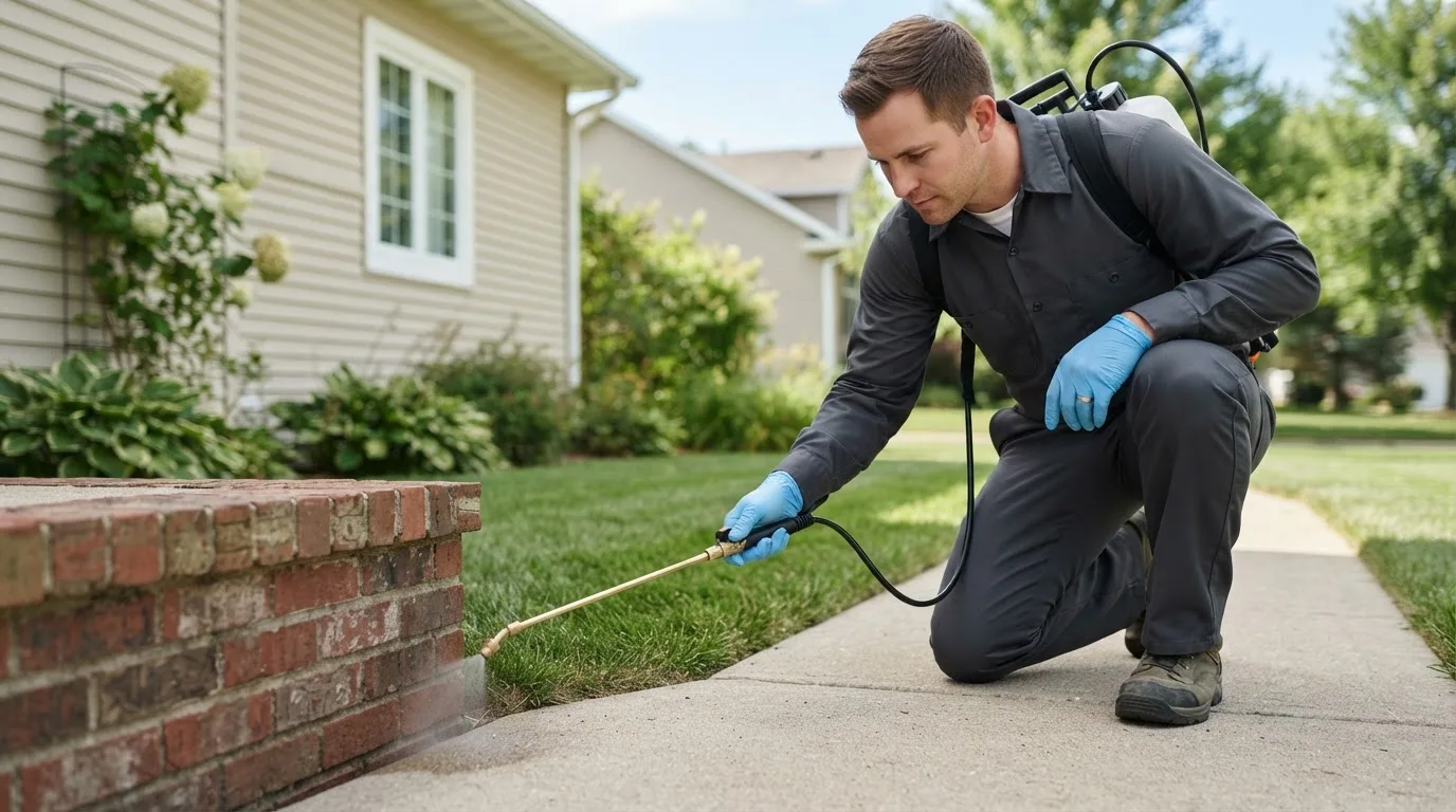Pest control technician treating a home near New Hudson, MI