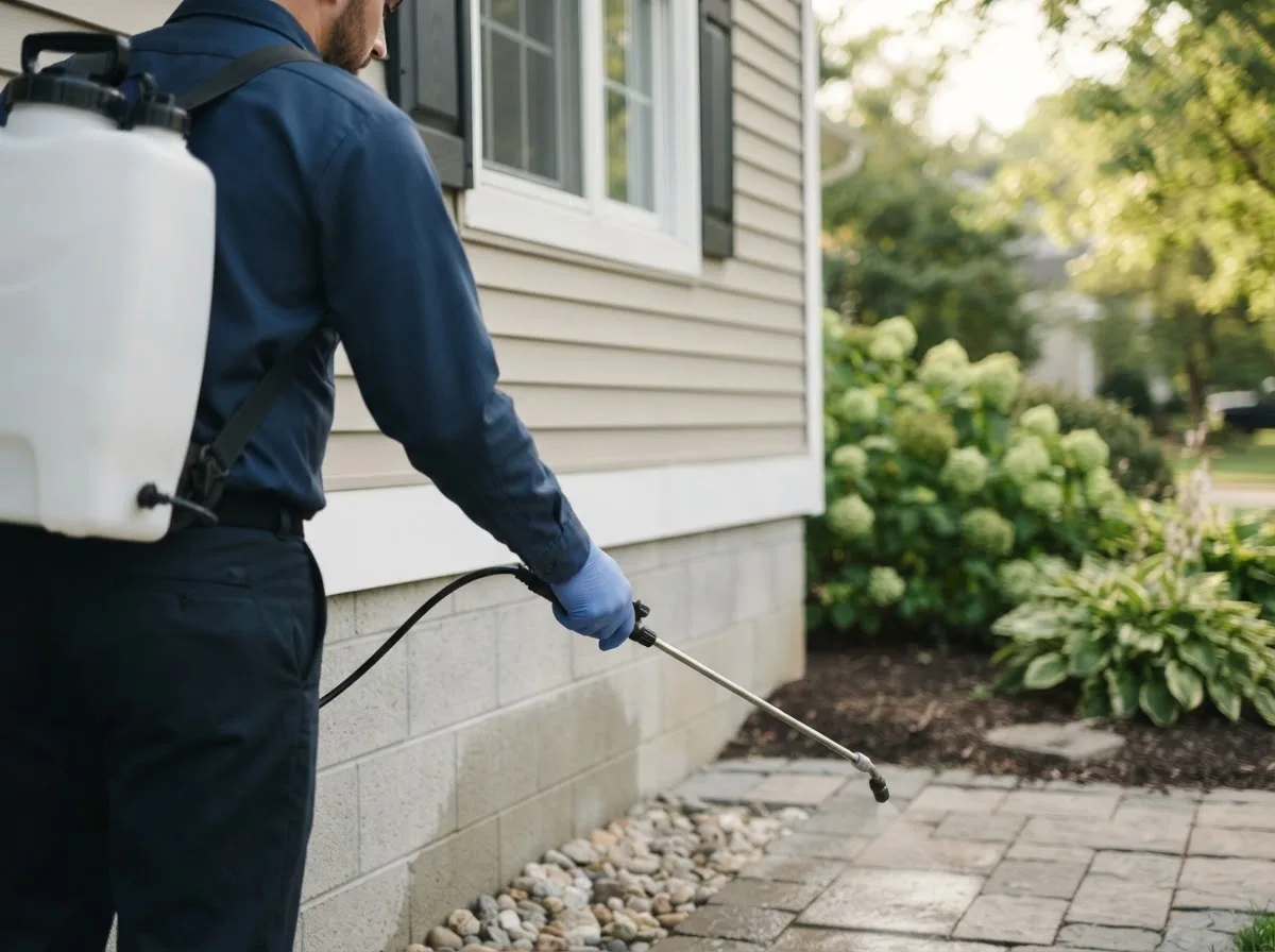 Pest control technician inspecting a home in New Hudson, MI